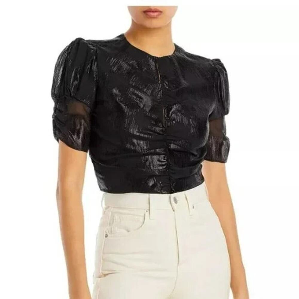 Frame Ruched Sleeve Keyhole Top Nior Black Size Small - Picture 1 of 8